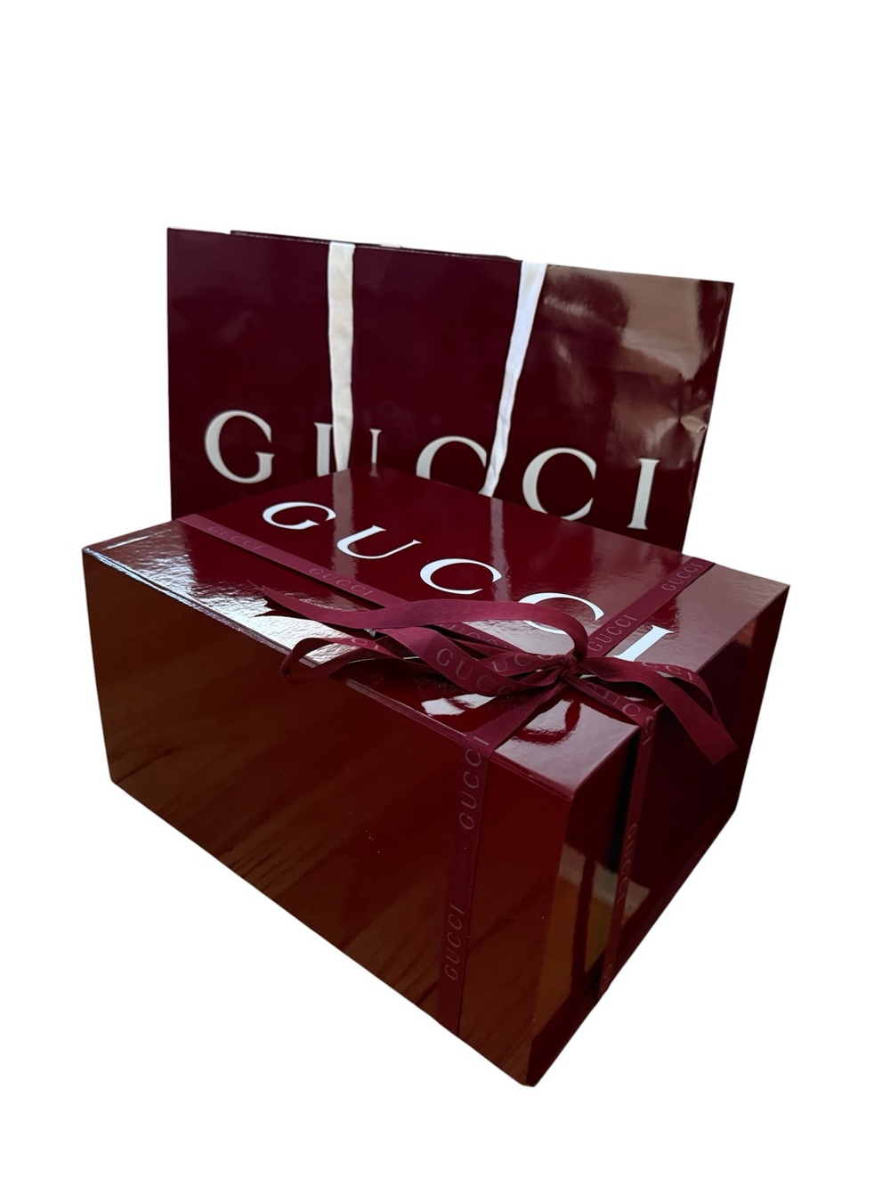 Bundle Gucci Recyclable Burgundy Gloss Shopping Bag/Gift Box/Ribbon